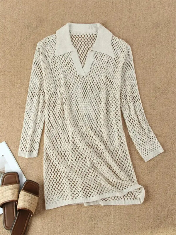 Beach Knit Mini Dress for Women – Sexy Hollow Out Long Sleeve Swimsuit Cover-Up - Image 5