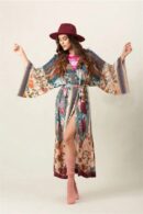 Deep Color Boho Print Kimono Beach Dress – Women's Self-Belted Cover-Up