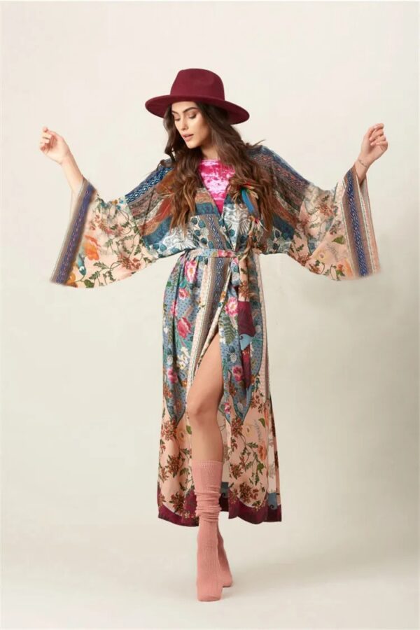 Deep Color Boho Print Kimono Beach Dress – Women's Self-Belted Cover-Up - Image 2