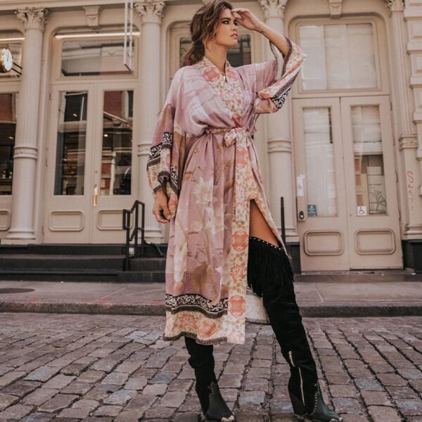 Pink Boho Print Long Kimono Dress – Women's Bikini Cover-Up, Self-Belted Beach Tunic