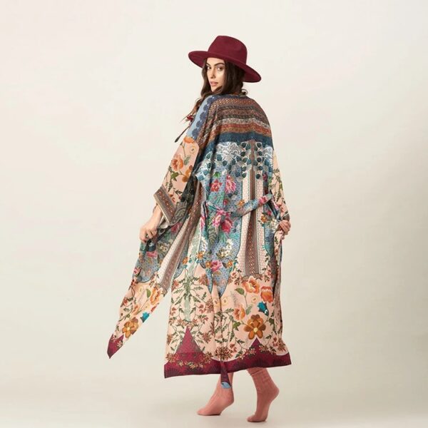 Deep Color Boho Print Kimono Beach Dress – Women's Self-Belted Cover-Up