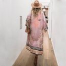 Pink Boho Print Long Kimono Dress – Women's Bikini Cover-Up, Self-Belted Beach Tunic