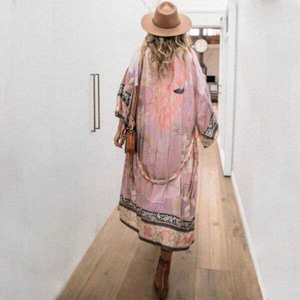 Pink Boho Print Long Kimono Dress – Women's Bikini Cover-Up, Self-Belted Beach Tunic - Image 4
