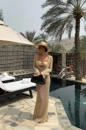 Sexy U-Neck Knit Maxi Dress Crochet Beach Outfit