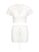 Trendy 2025 Beach Outfit – Sexy Knit Two-Piece with V Neck Top & Lace-Up Skirt