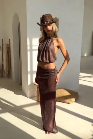 Brown Knit Two-Piece Beach Cover Up 2025 – Backless Lace-Up Top & Half Skirt Set (Copy)