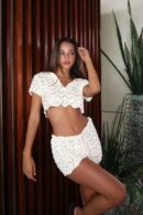 Trendy 2025 Beach Outfit – Sexy Knit Two-Piece with V Neck Top & Lace-Up Skirt