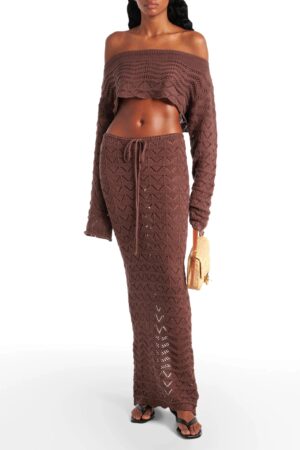 Brown Sexy Knit One-Neck Long Sleeve Top & Drawstring Skirt Beach Set