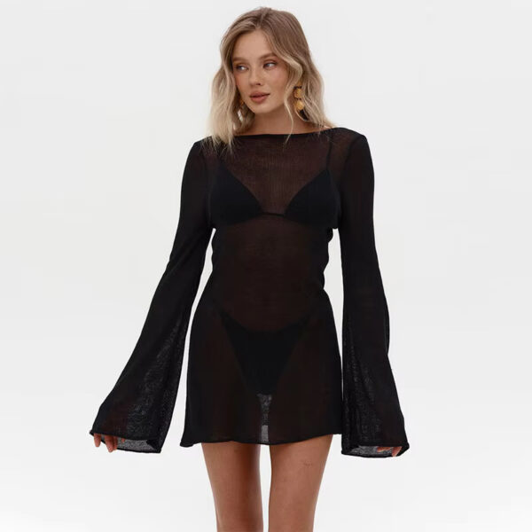 Women's Summer Knit Mini Dress – Sexy Backless Bell Sleeve Beach Cover-Up - Image 3