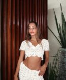 Trendy 2025 Beach Outfit – Sexy Knit Two-Piece with V Neck Top & Lace-Up Skirt