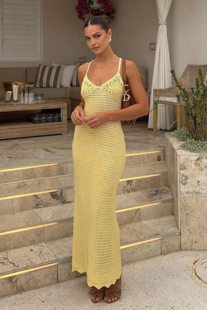 Women's Sexy Knit Cut Out Yellow Maxi Beach Dress
